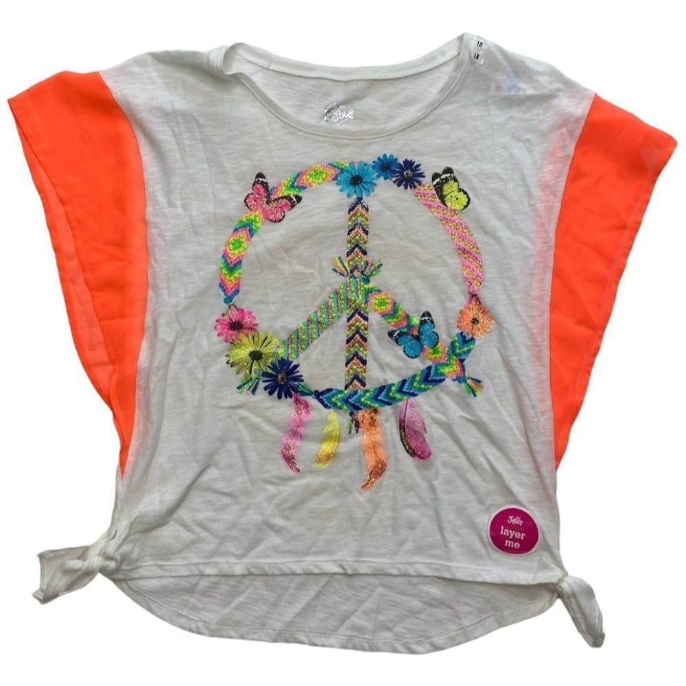 Justice Girls Top White Neon Dream Catcher Peace Butterfly Side Knot Sz 18 NEW